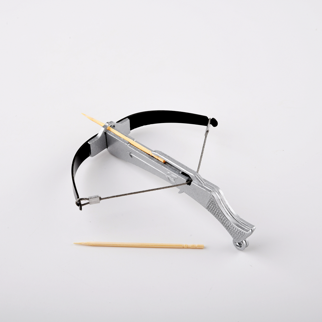 mini silver bowman crossbow loaded with toothpick